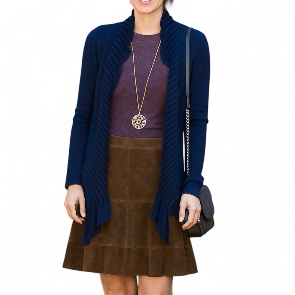 EILEEN FISHER Petite Navy Blue Open Front Lightweight Waterfall Ruffle Cardigan